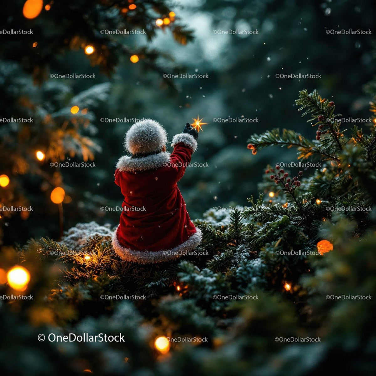 Child in Festive Coat Reaching for Star in Winter Woods