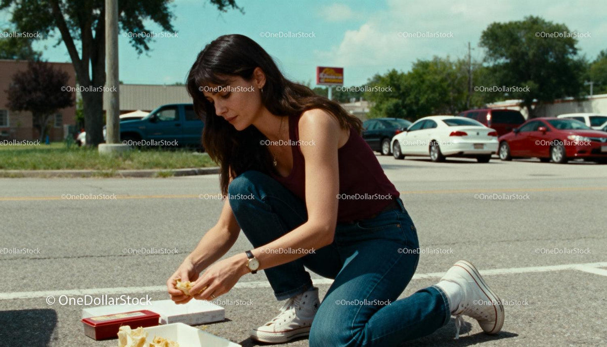 Young woman kneeling on street enjoying casual snack