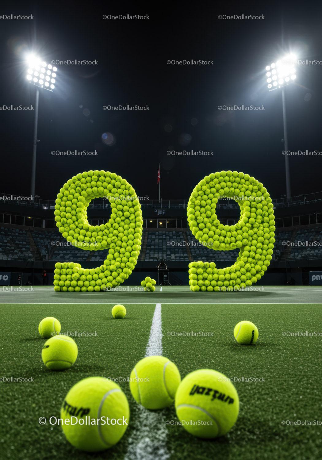 Large Number Ninety Nine Made of Tennis Balls on Court