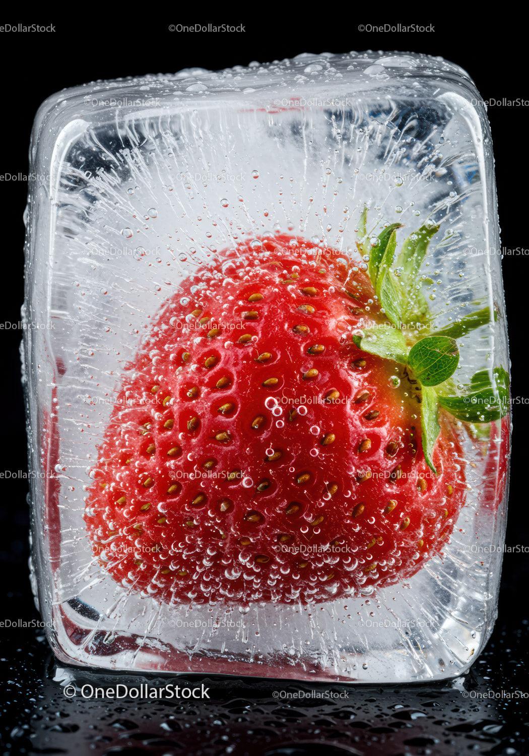 Fresh strawberry frozen inside a clear ice cube