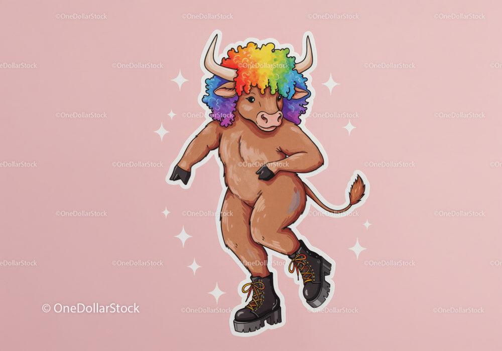 Cartoon bull dancing with rainbow afro, white horns, and black boots on pink background with stars