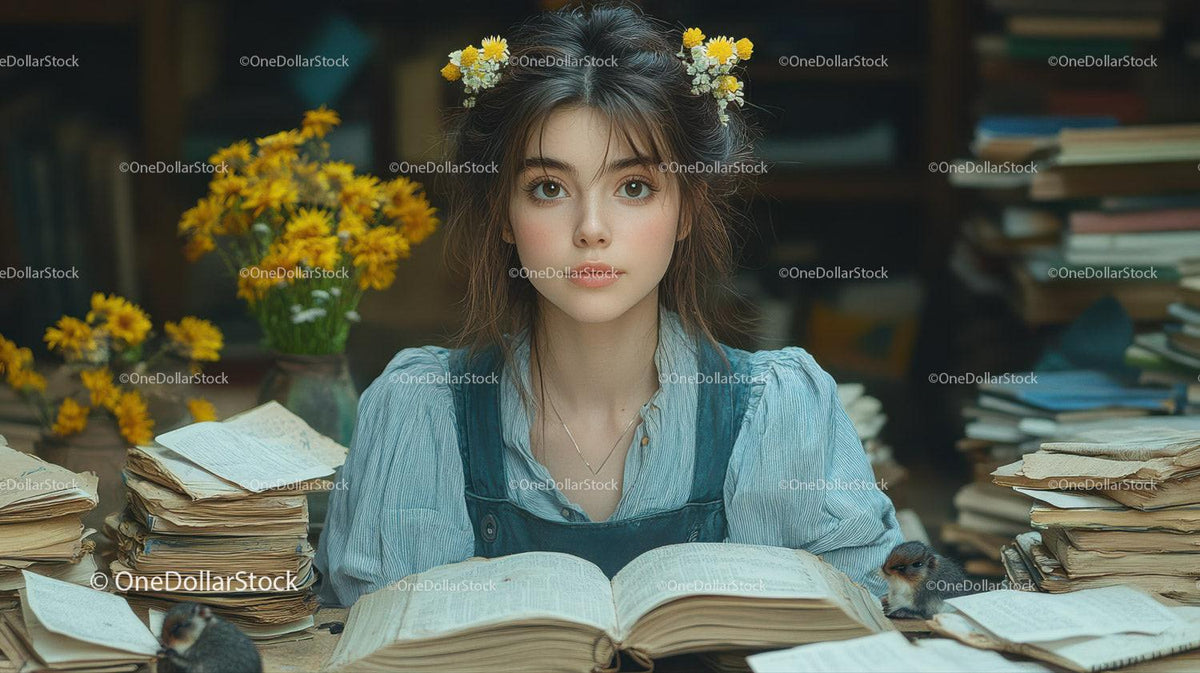 Young woman with flowers in hair reading open books surrounded by yellow flowers