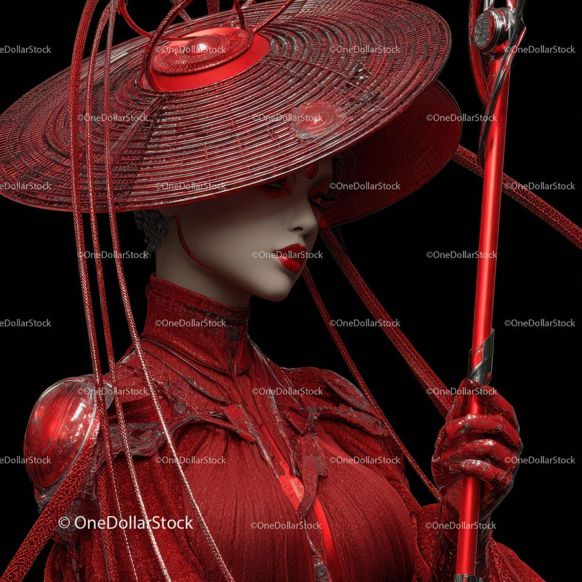Futuristic Samurai in Neon Red Armor Holding Umbrella Stock Photo Bundle preview 24