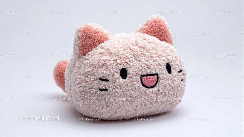 Small plush pink cat toy with smiling face on white background