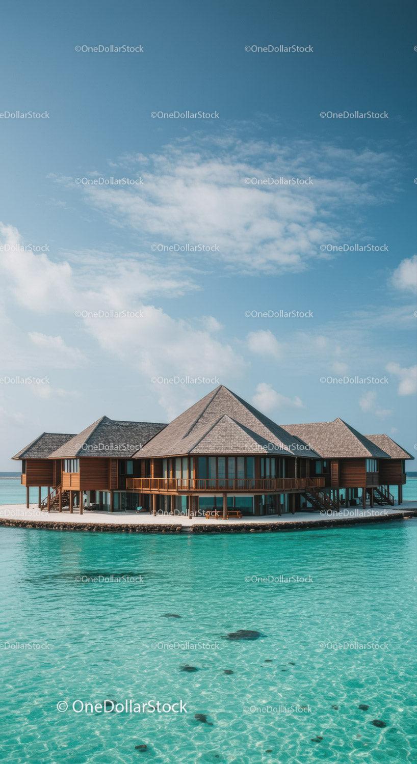 Overwater Bungalow Amid Turquoise Waters and Clear Blue Sky