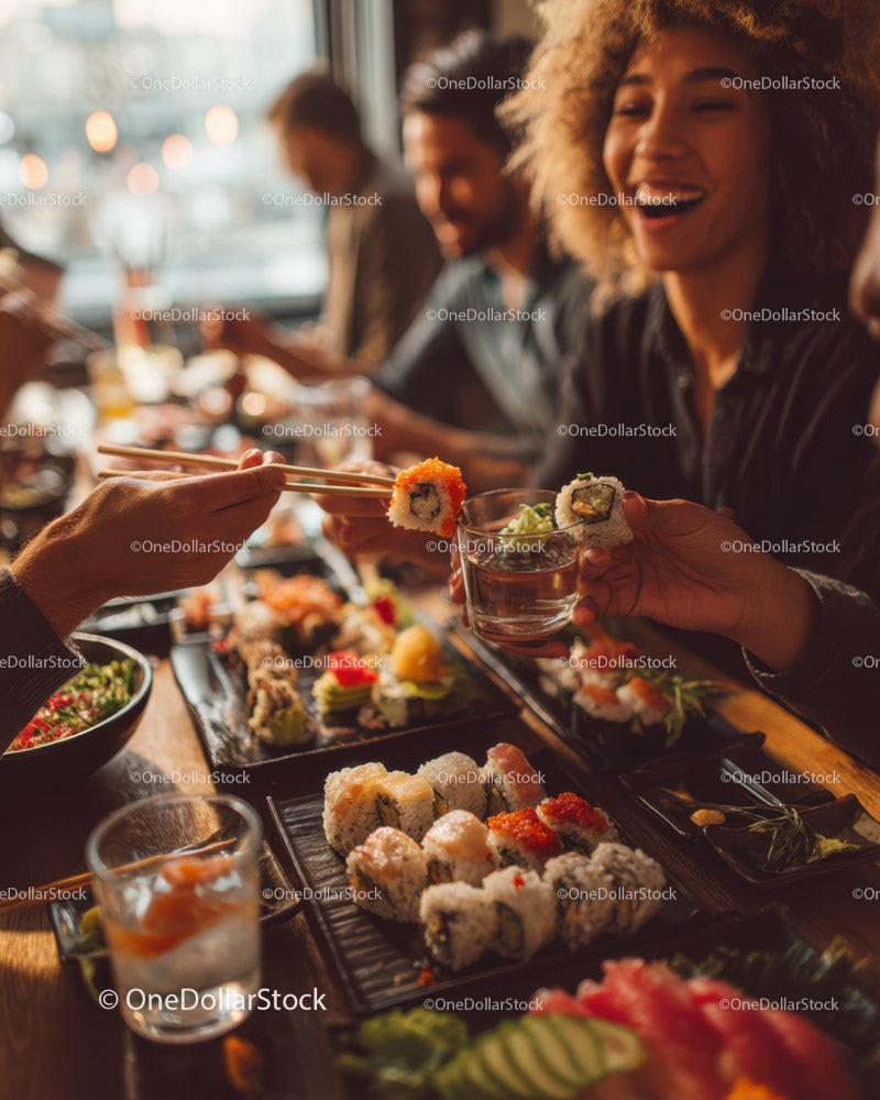 Diverse group of friends enjoying colorful sushi in modern restaurant Stock Photo Bundle creative preview 4
