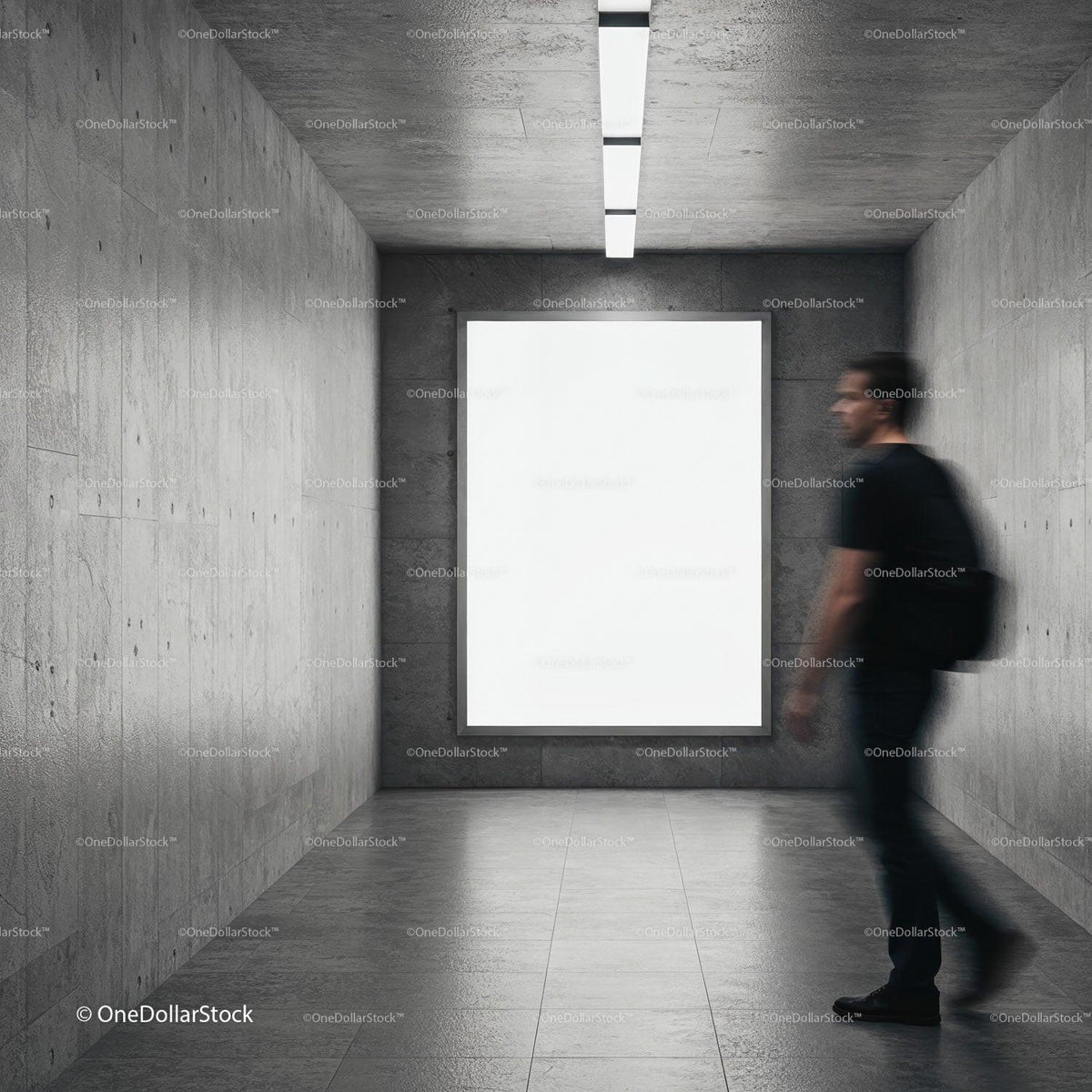 Man Passing by Blank Poster in Modern Concrete Hallway JPG Mockup Image preview