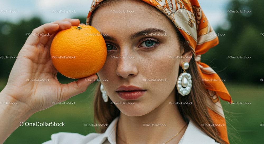 Stylish Woman Holding an Orange in a Bright Outdoor Setting Stock Photo Bundle preview 7
