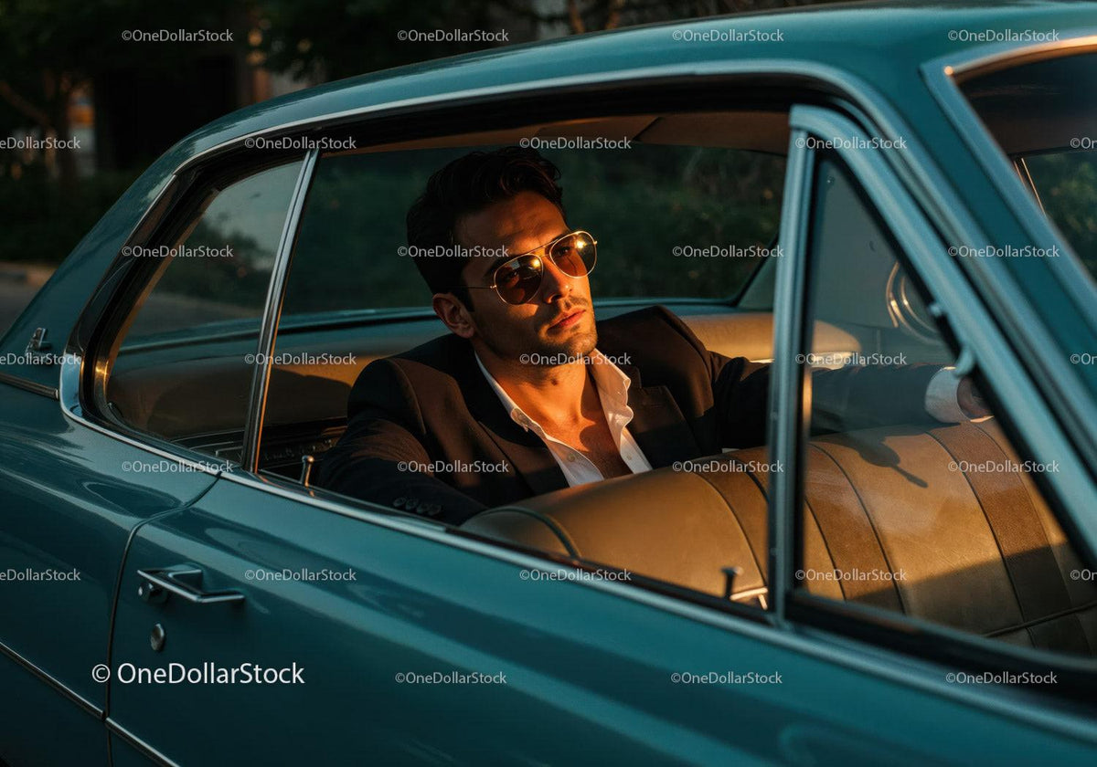 Stylish Man in Sunglasses Sitting in Classic Vintage Car at Sunset Stock Photo Bundle preview 39
