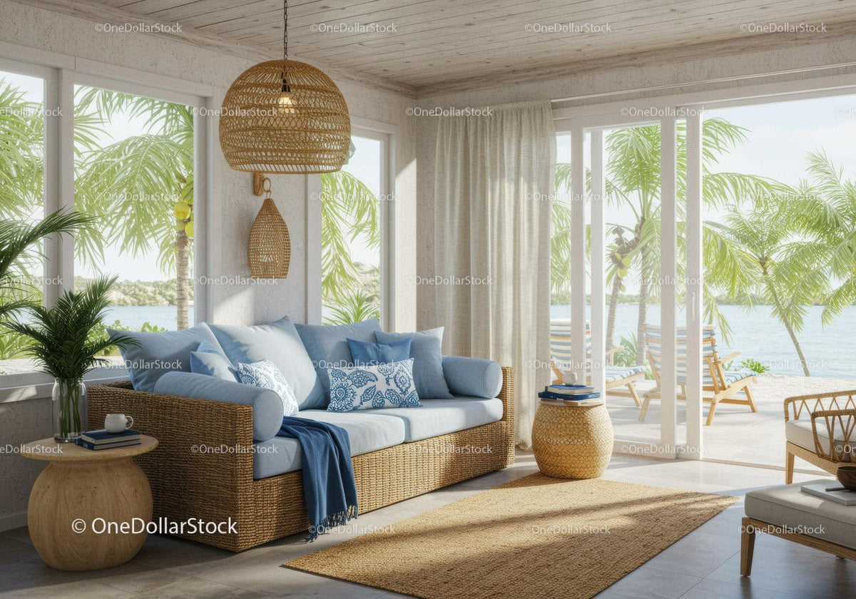 Cozy coastal living room with rattan furniture and sea view