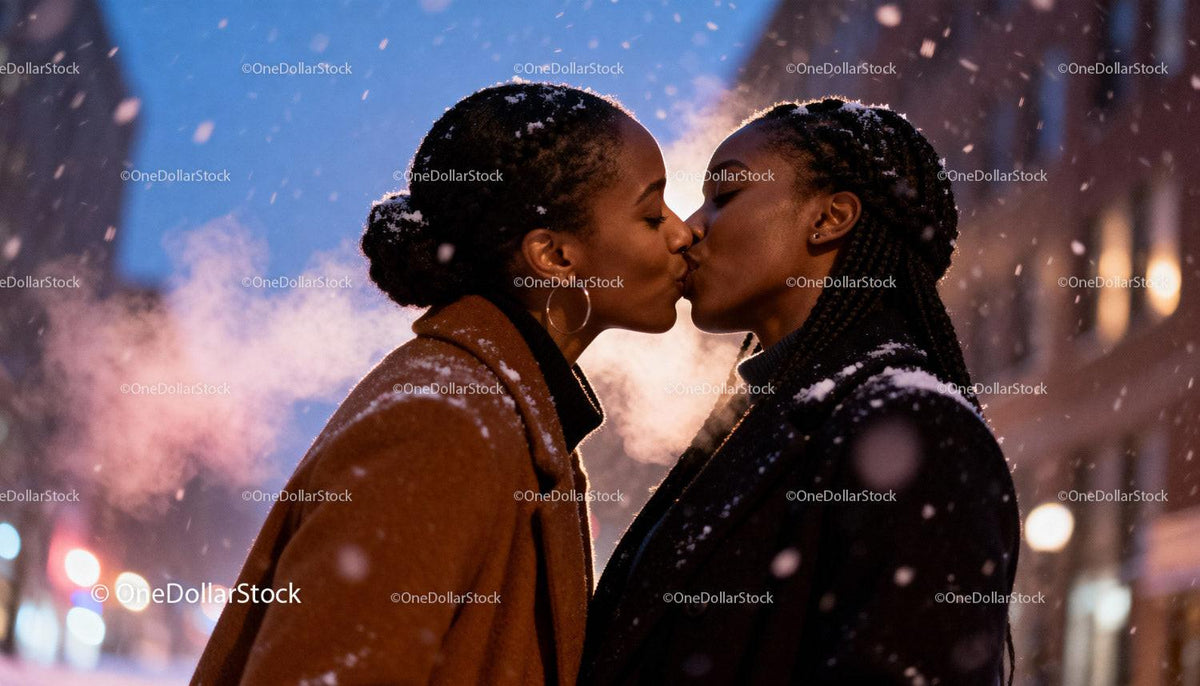 Winter Evening Kiss Between Two Women Outdoors