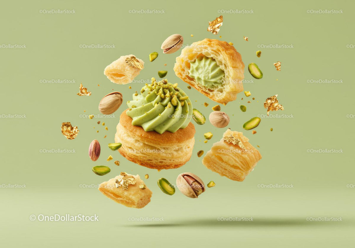 Light puff pastry with pistachio cream and nuts flying