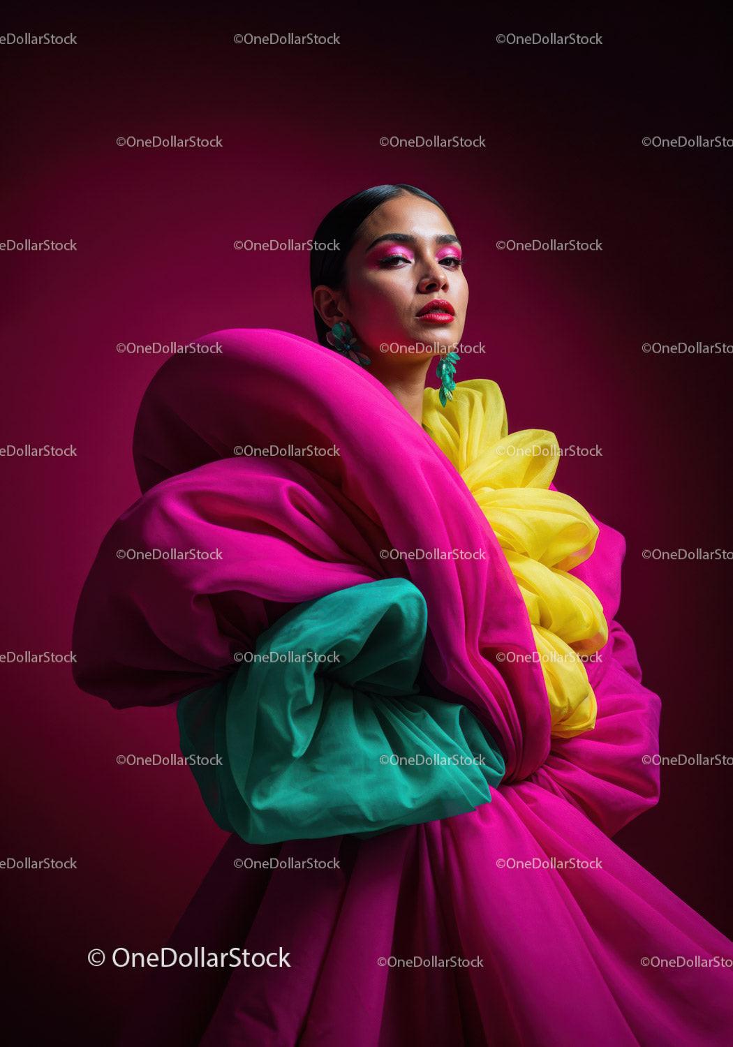 Fashion Model in Vibrant Pink and Yellow Flowing Gown Stock Photo Bundle preview 13