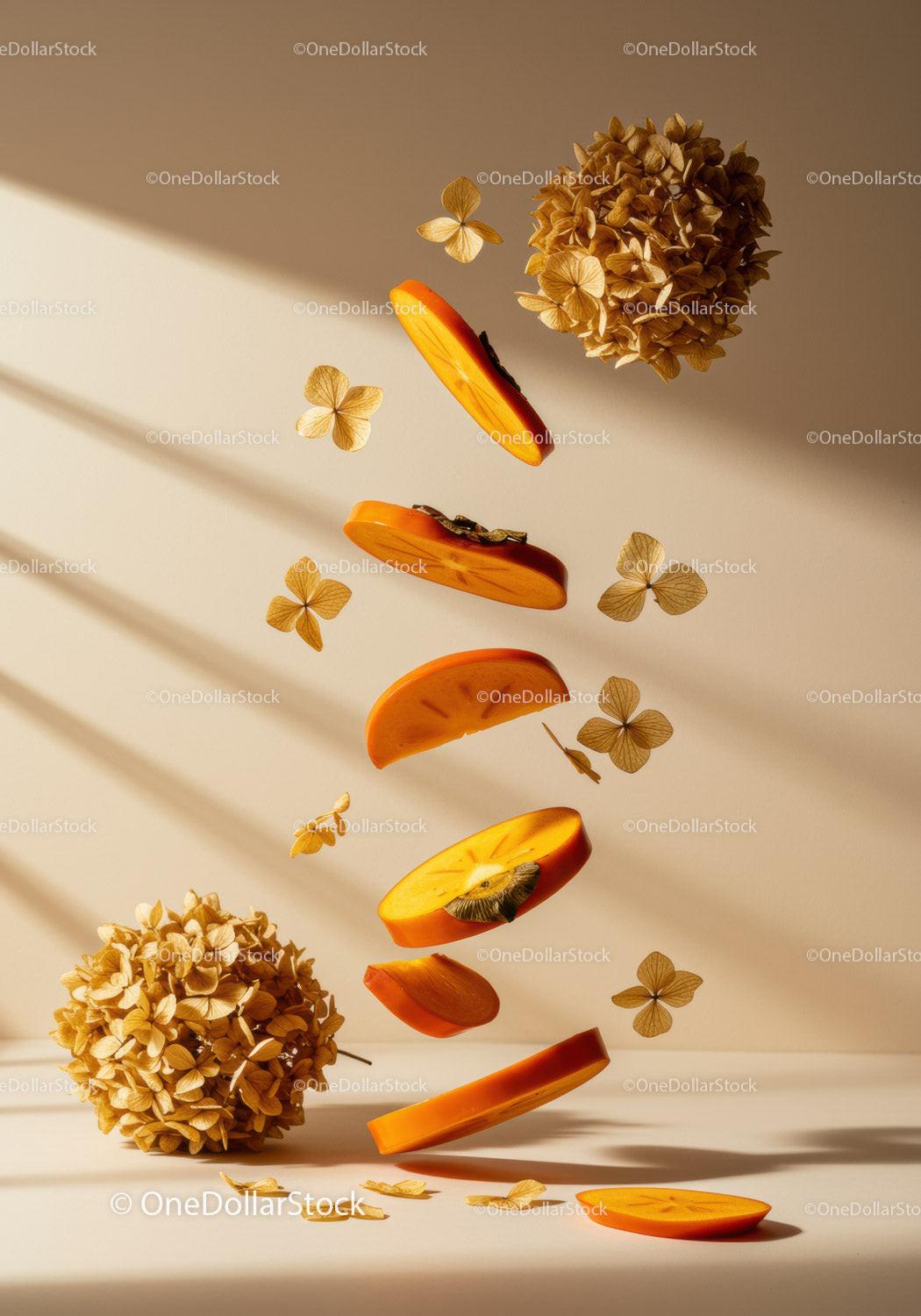 Floating Persimmon Slices with Dried Hydrangea Flowers