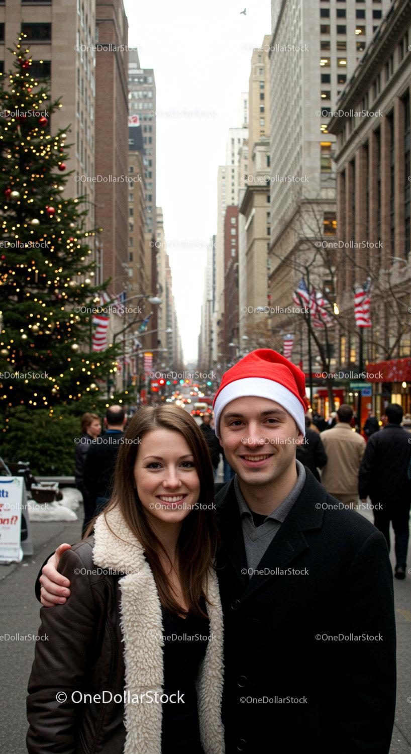 Young Couple Smiling on City Street During Christmas