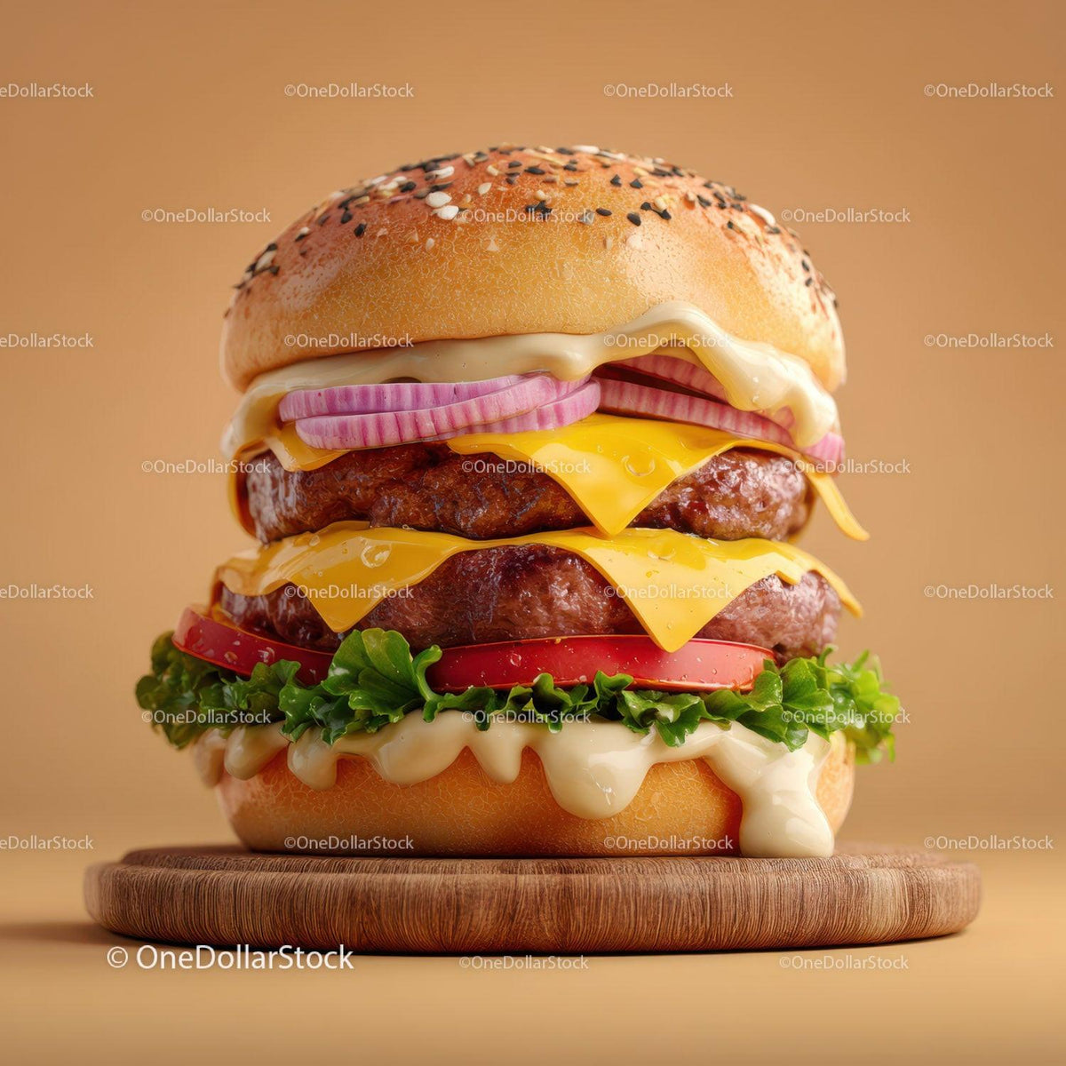 Juicy Double Cheeseburger with Fresh Vegetables on Sesame Bun