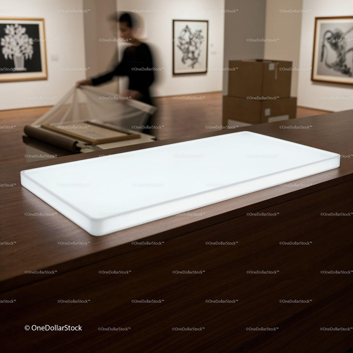 Art Gallery Installation Preparation with Backlit Display Table JPG Mockup Image preview