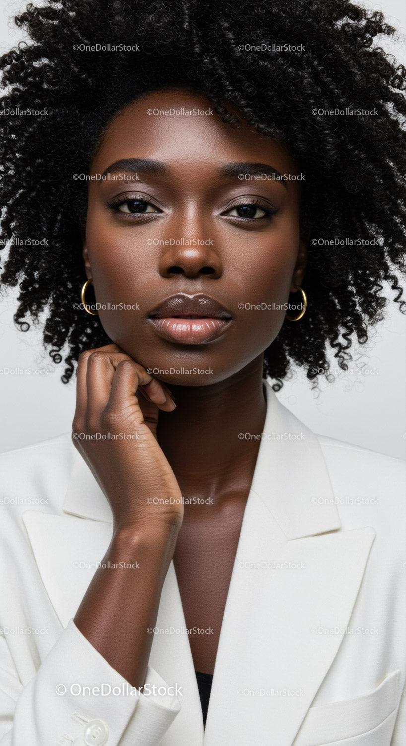 Elegant Black Woman Portrait in White Blazer with Curly Hair