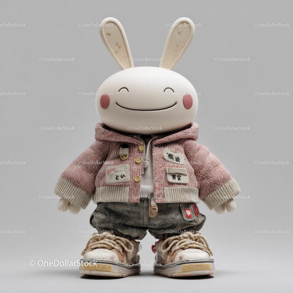 Smiling bunny figure in pink jacket and gray pants with oversized shoes