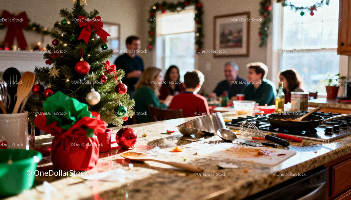 Cozy family Christmas gathering in warm kitchen