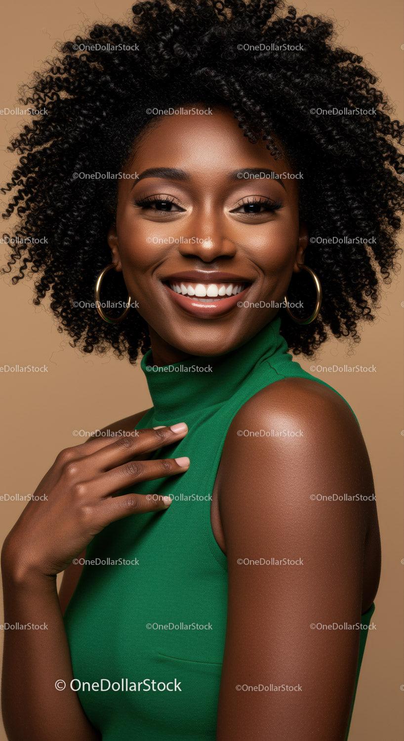 Elegant Black Woman with Curly Hair Smiling Portrait in Green Outfit