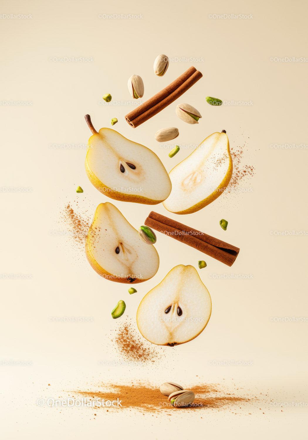 Floating pear slices with cinnamon and pistachios on beige