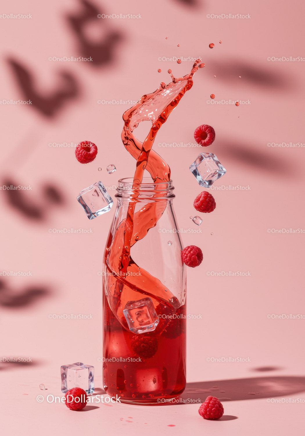 Refreshing Raspberry Drink Splash with Ice Cubes