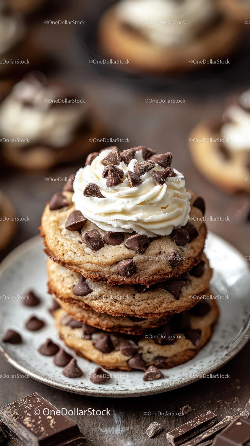 Chocolate Chip Cookie with Whipped Cream and Chocolate Topping Stock Photo Bundle preview 30