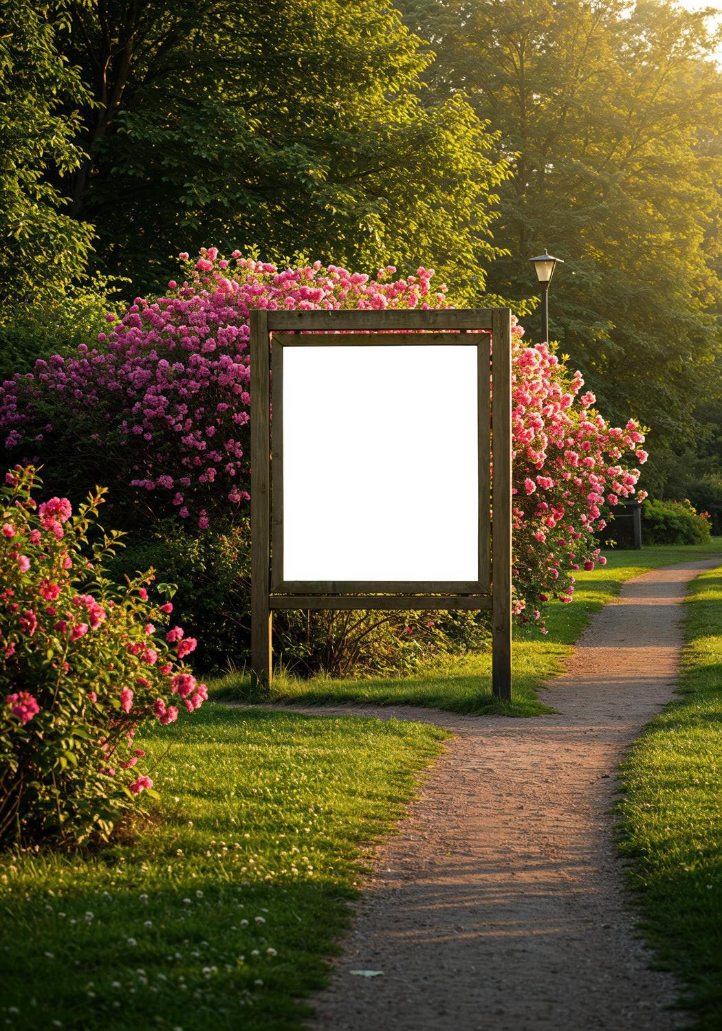 Wooden billboard with blank white space in flower garden JPG Mockup Image preview
