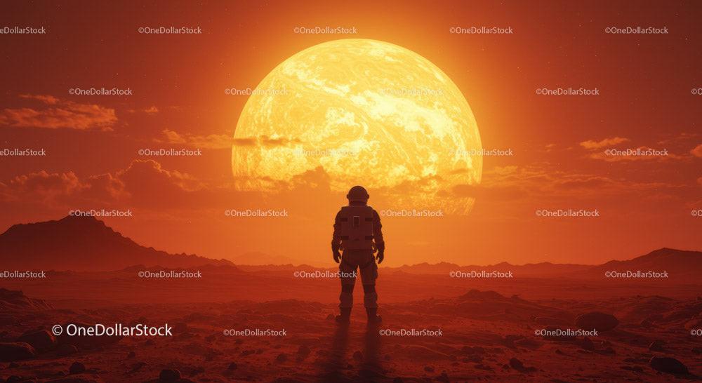 Astronaut Standing on Alien Planet with Glowing Sun in Background