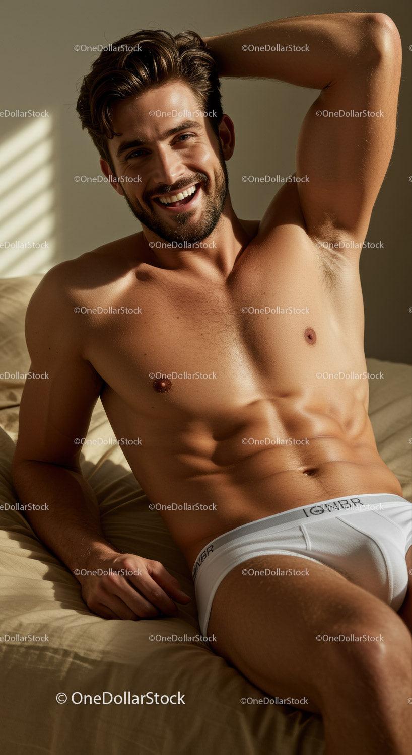 Relaxed man smiling in white underwear on bed