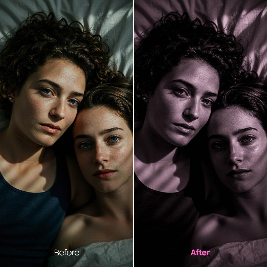 Before and after BW Portraits Pink Lightroom preset edit