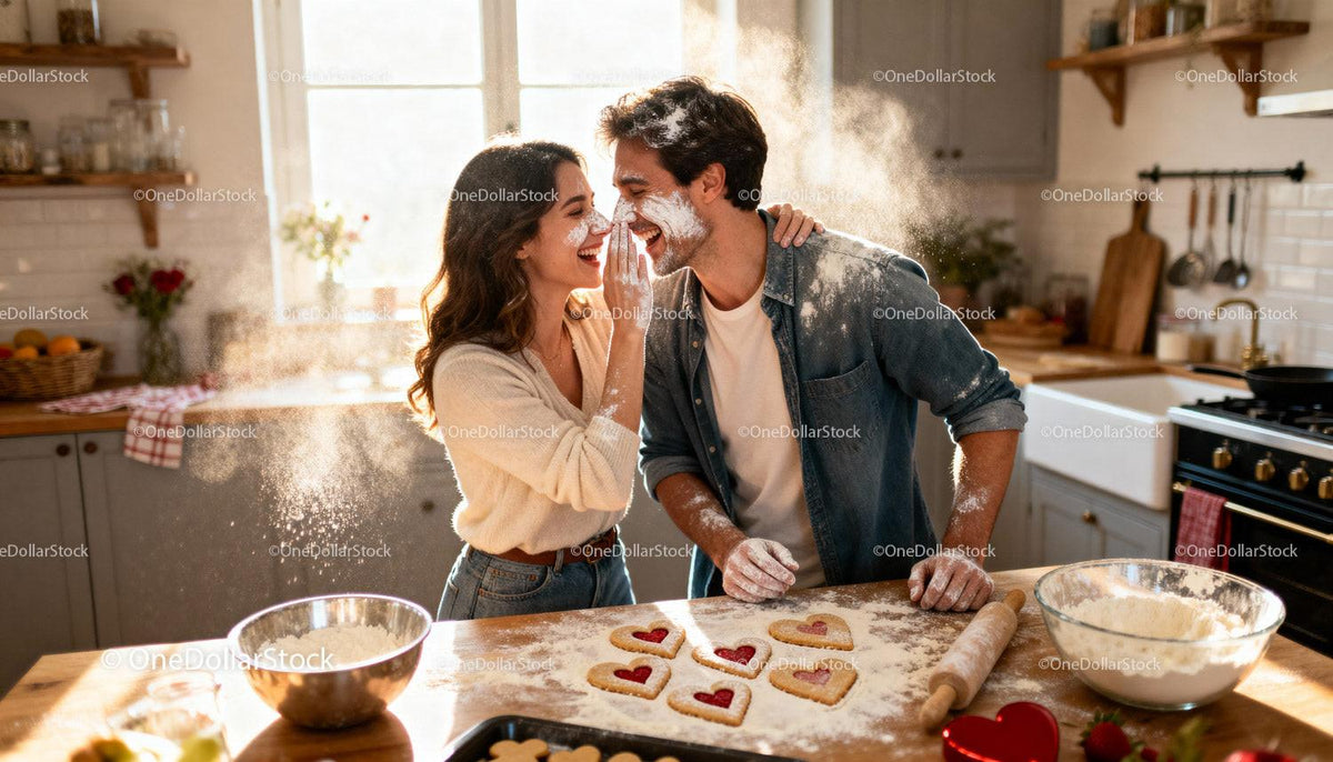 Couple Playfully Baking Heart-Shaped Cookies Together