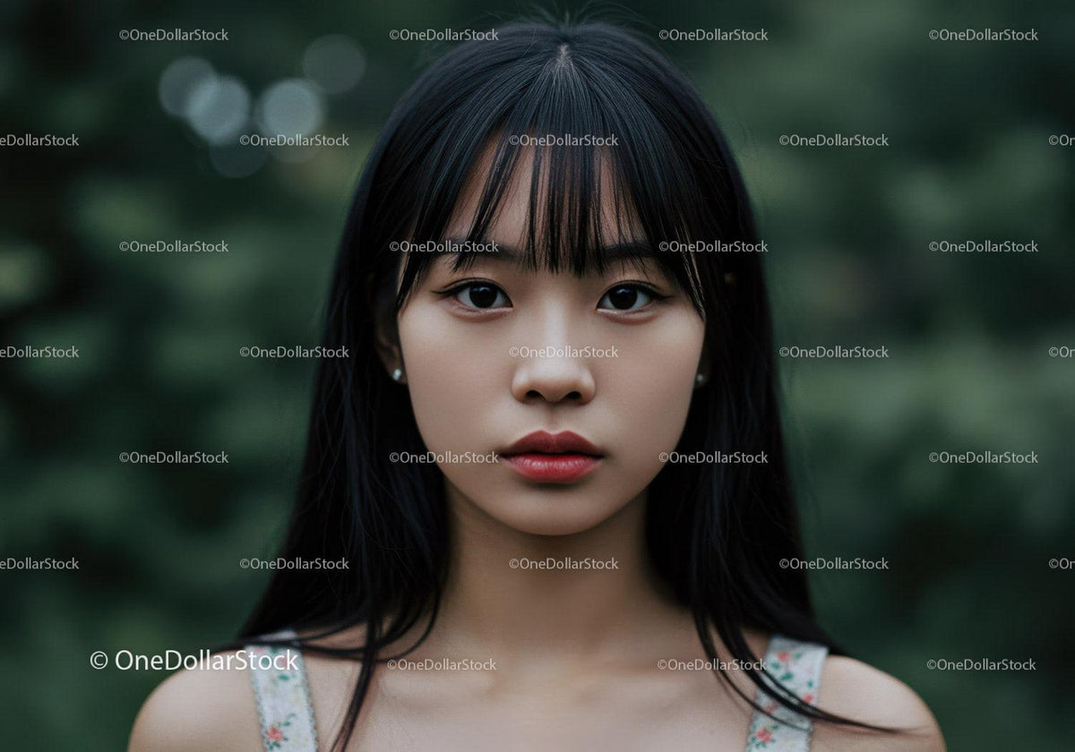 Portrait of a Young Woman with Black Hair in a Natural Green Setting