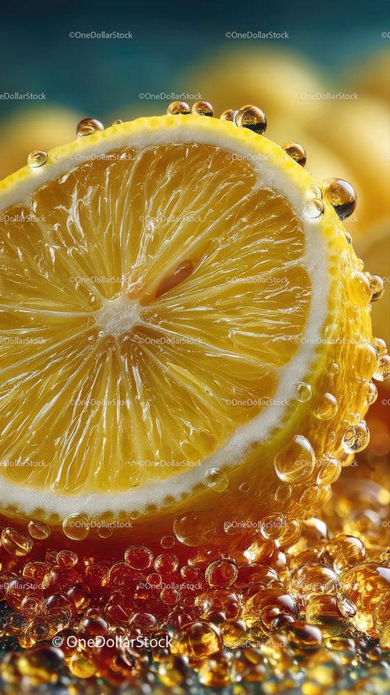 Fresh Lemon Slice with Bubbles and Vibrant Colors