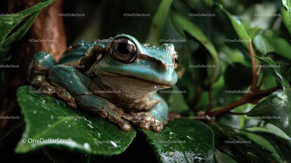Green Frog Resting on Leaf in Jungle Environment