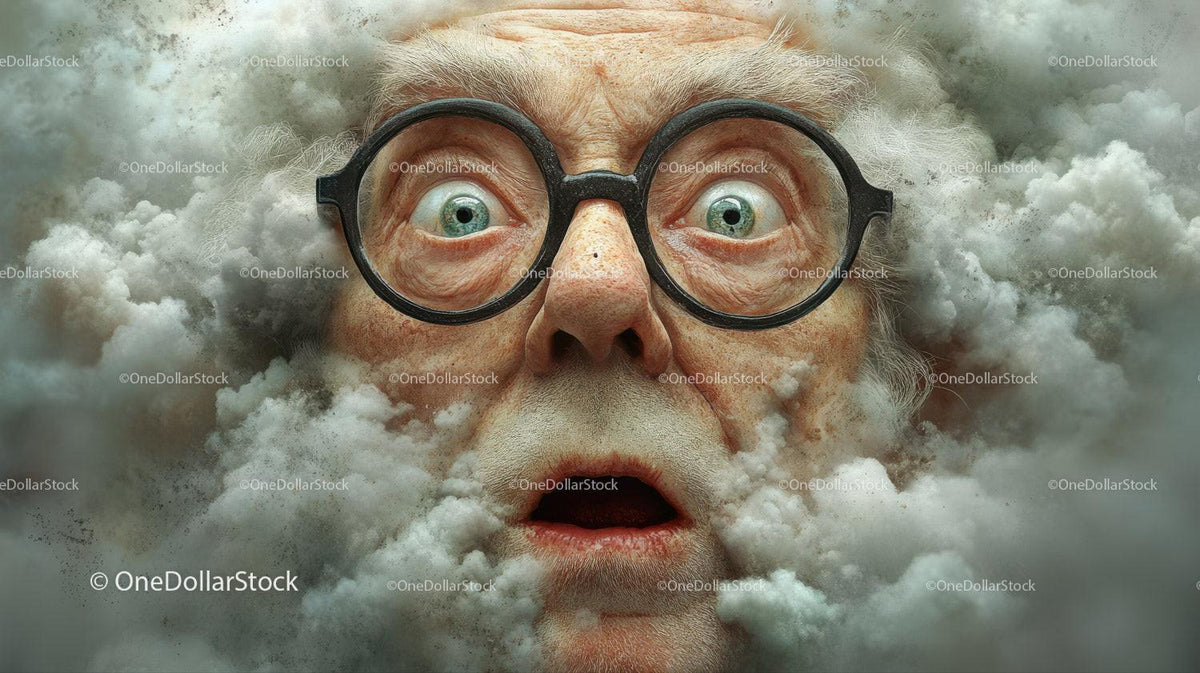 Elderly man with round glasses looking surprised surrounded by thick smoke clouds