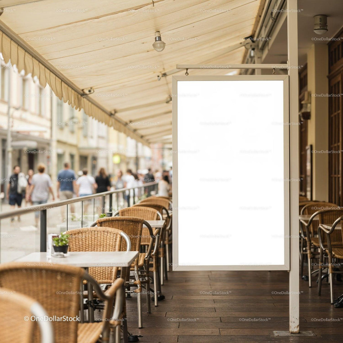 Empty outdoor cafe seating with blank advertising board JPG Mockup Image preview