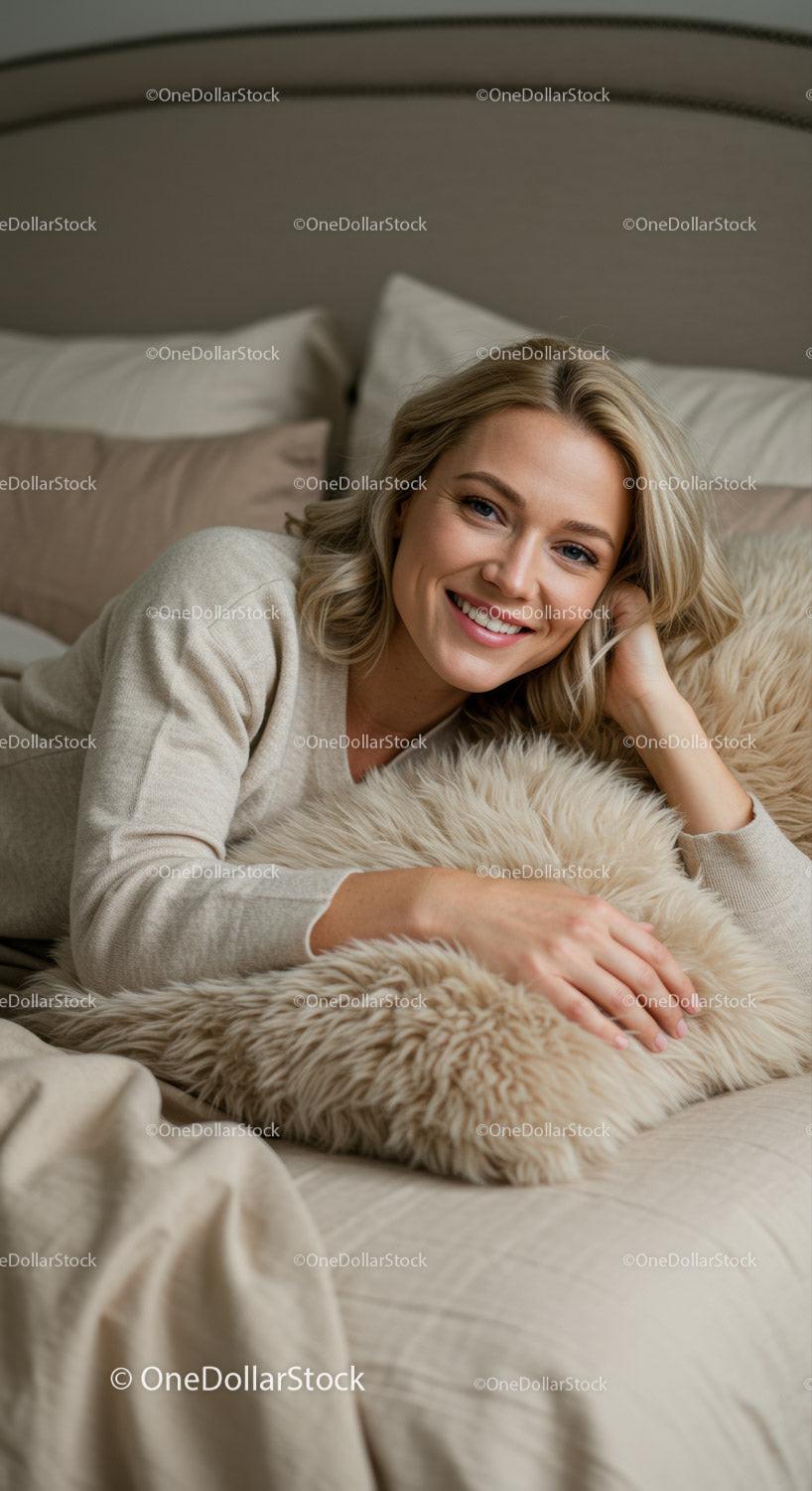 Blonde woman relaxing on soft bed with cozy pillow
