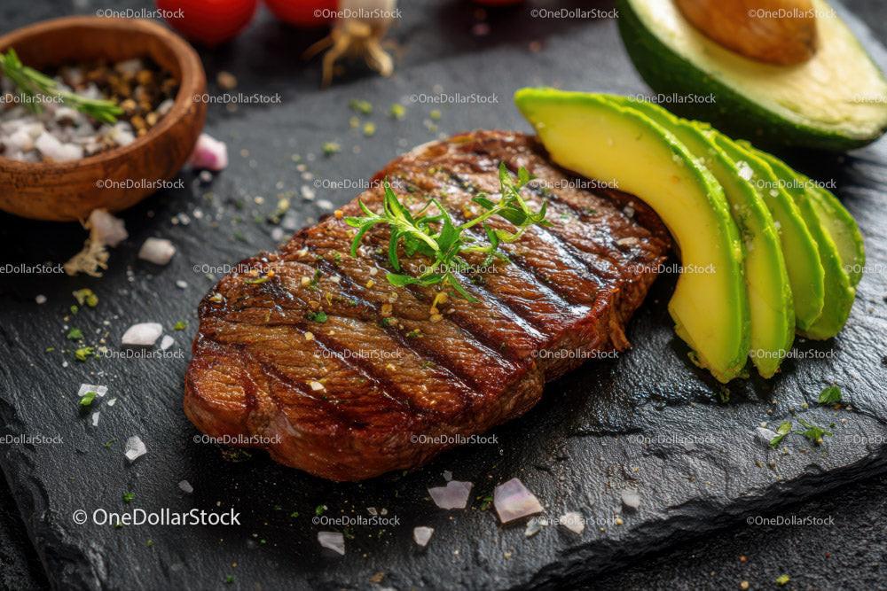 Juicy Grilled Steak with Fresh Avocado and Garlic on Rustic Board Stock Photo Bundle preview 7