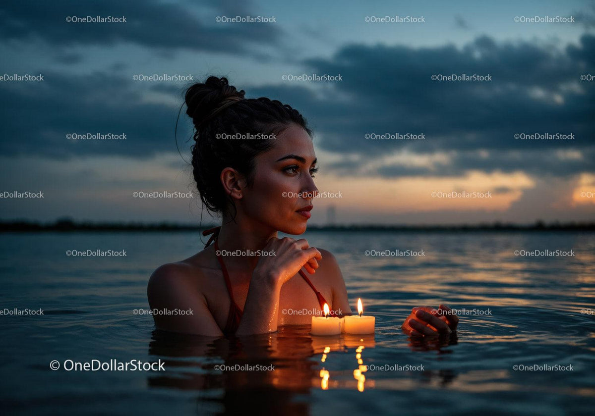 Woman in Black Bikini with Candles Floating in Lake at Sunset Stock Photo Bundle preview 8