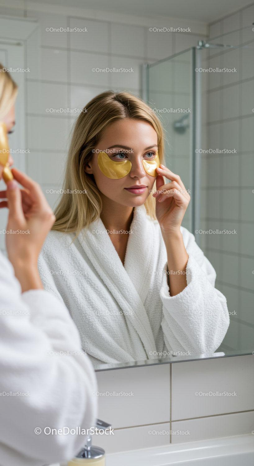 Young Woman Applying Gold Under Eye Patches in Bathroom Mirror