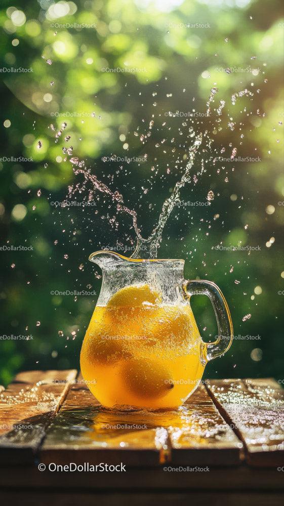 Fresh Lemonade with Sliced Lemons in a Glass Pitcher on Rustic Wooden Surface Stock Photo Bundle preview 9