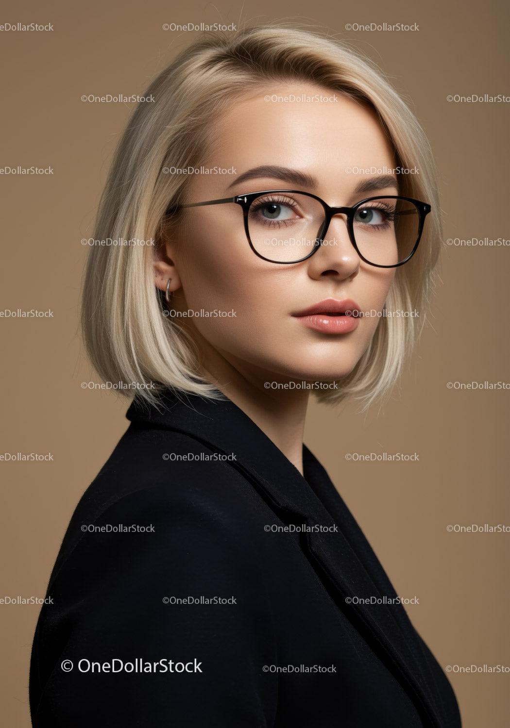 Elegant Business Woman with Blonde Hair Wearing Stylish Black Glasses