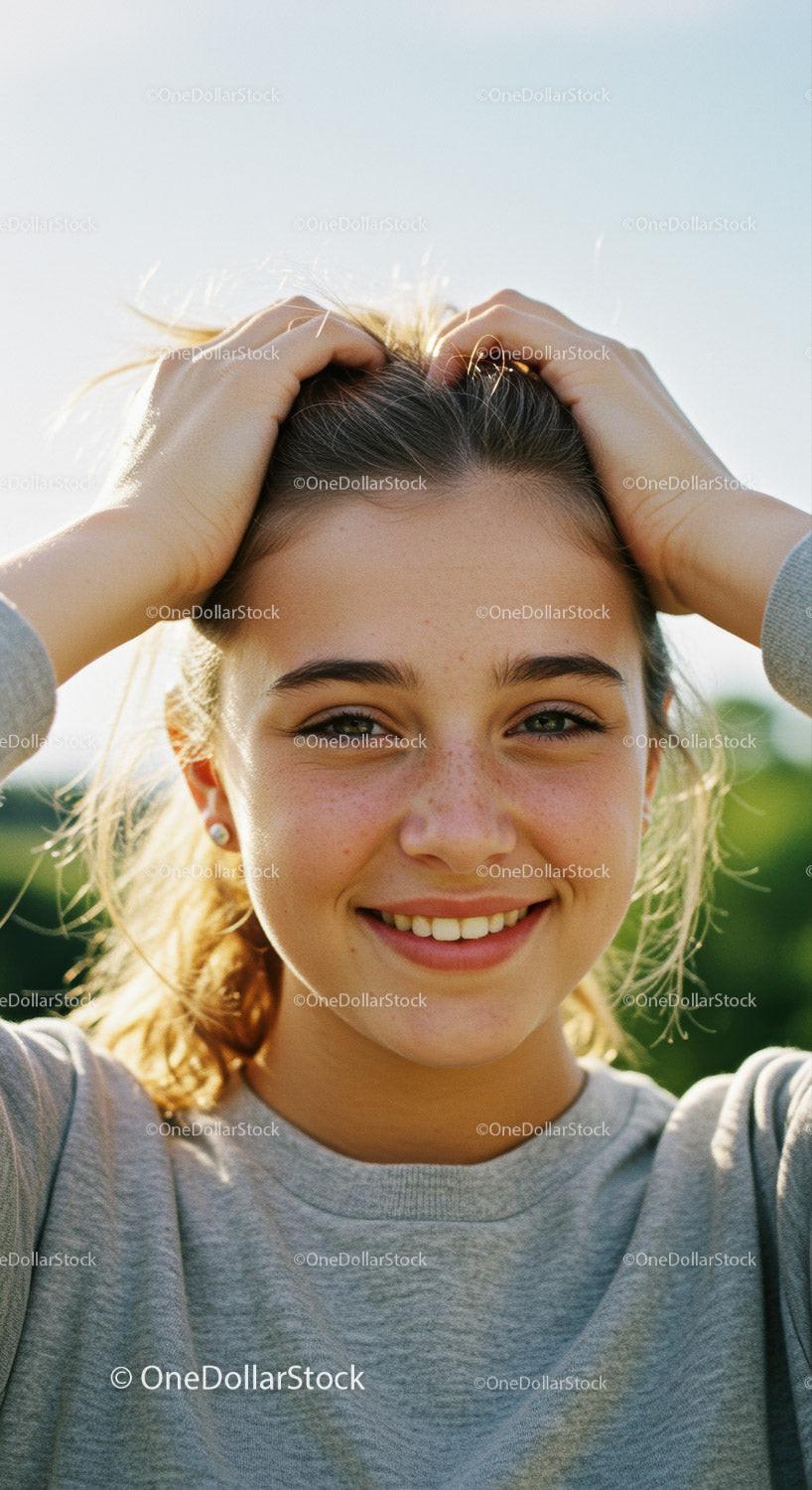 Young Woman Smiling Outdoors with Sunlight and Blue Sky