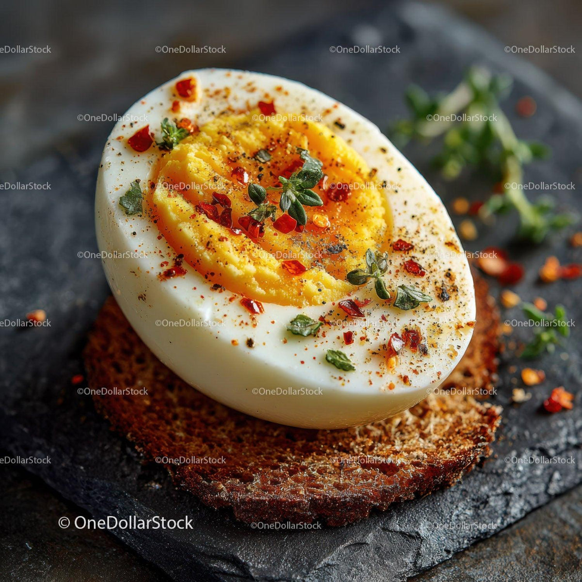 Close-up of a Soft-Boiled Egg Garnished with Herbs and Chili Flakes