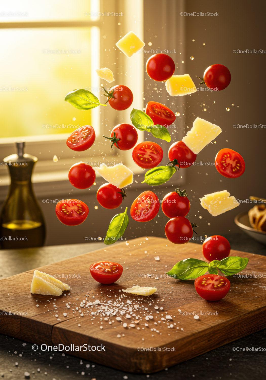 Fresh cherry tomatoes and cheese with basil leaves in motion