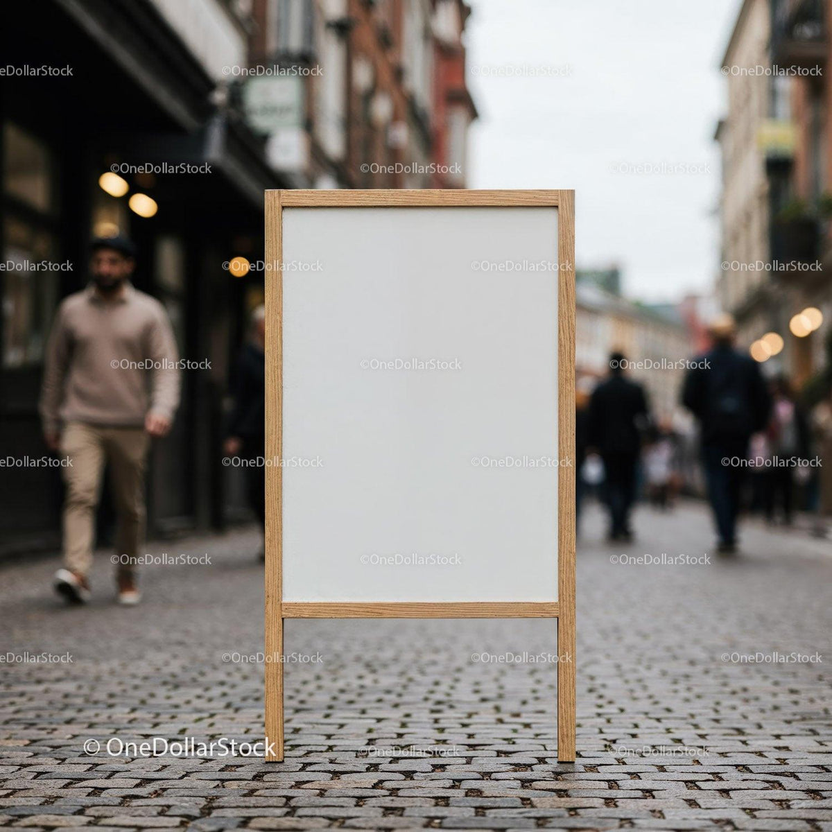 Blank wooden signboard on cobblestone city street JPG Mockup Image preview