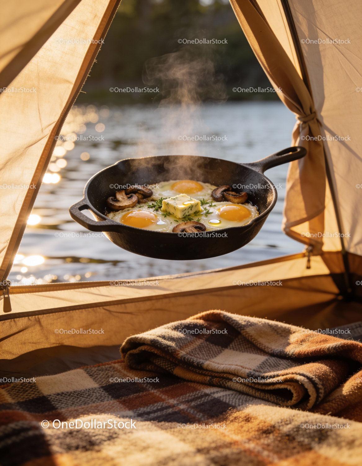 Morning eggs sizzling with butter near lake view