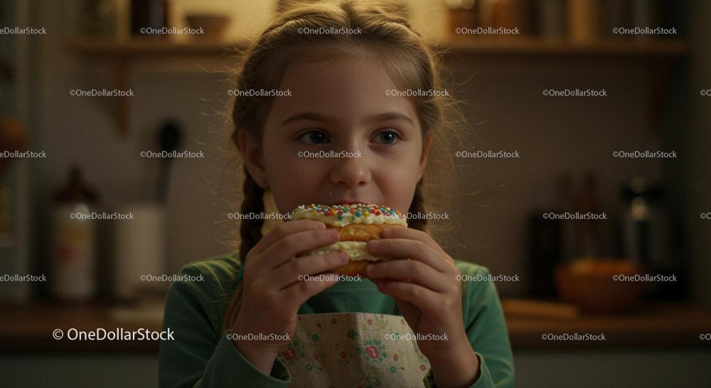Girl Eating a Colorful Donut in a Cozy Kitchen Stock Photo Bundle preview 9